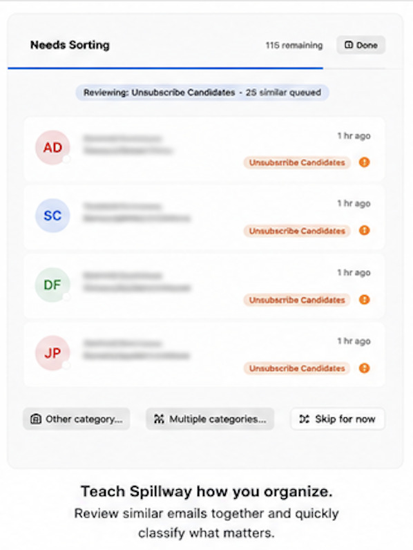 Category review showing messages grouped by user-controlled categories